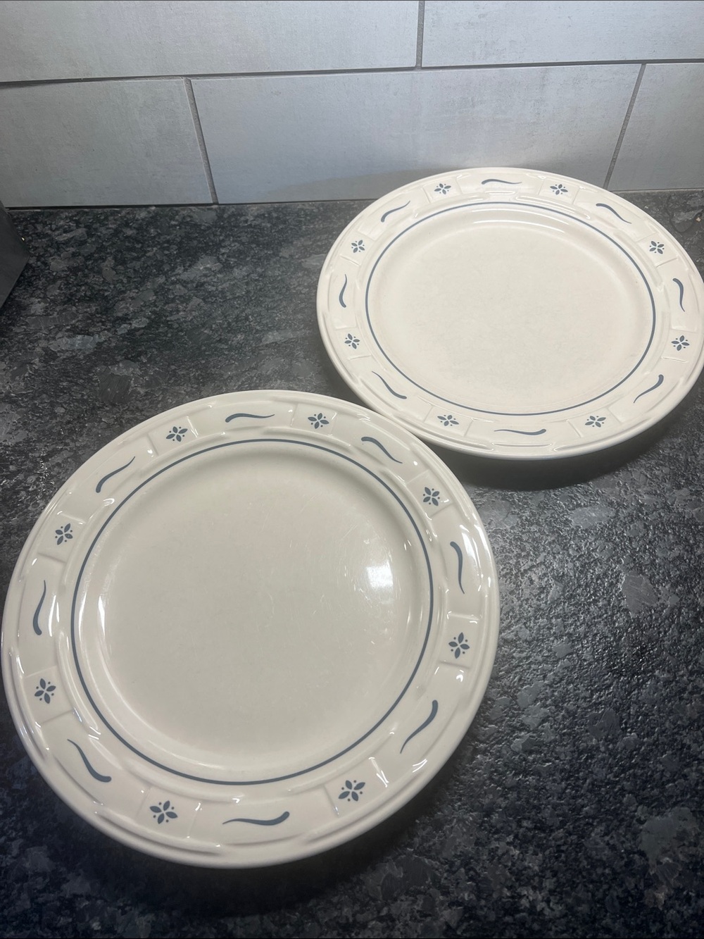 LONGABERGER WOVEN TRADITIONS ceramic Dinner plates 10”. Blue trim.